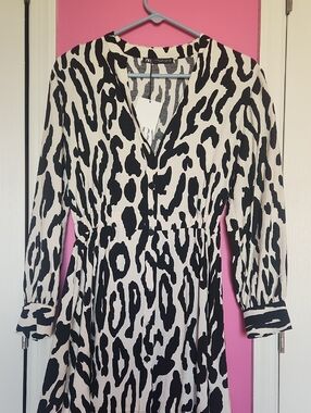 Zara Black & White Animal-Print Button Front Dress